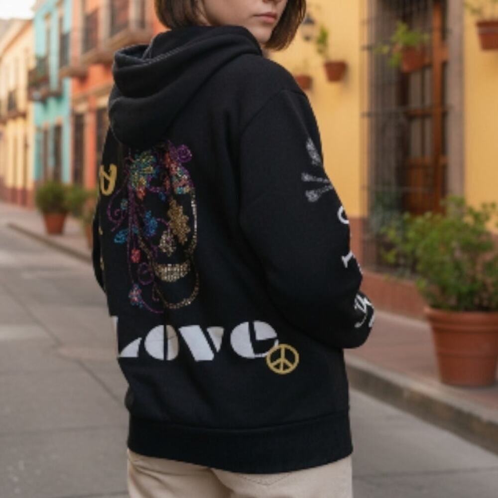 Butter Super Soft Girls Black Embellished Full Zippered Hoodie - Size 5
